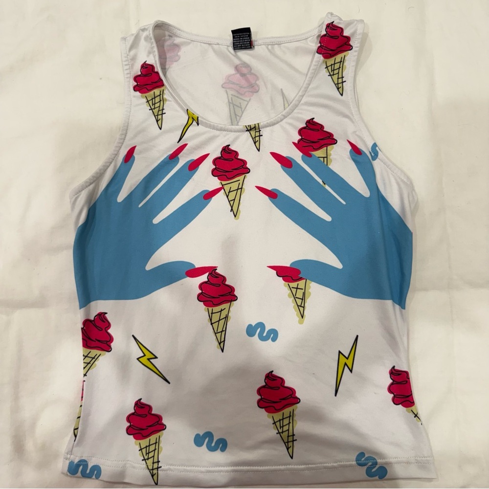 Ice Cream Graphic Tank Top Blue Hands Lightning Bolt White Summer Graphic Y2K